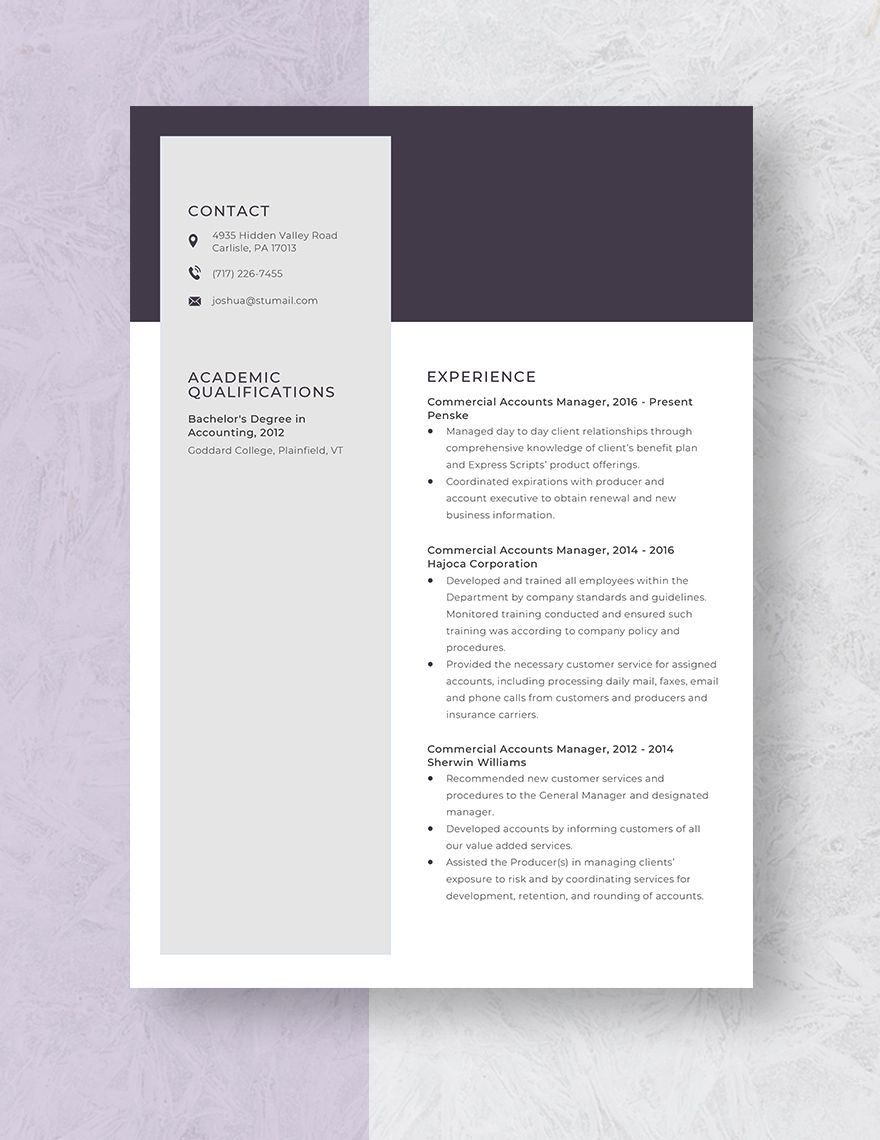 Commercial Accounts Manager Resume