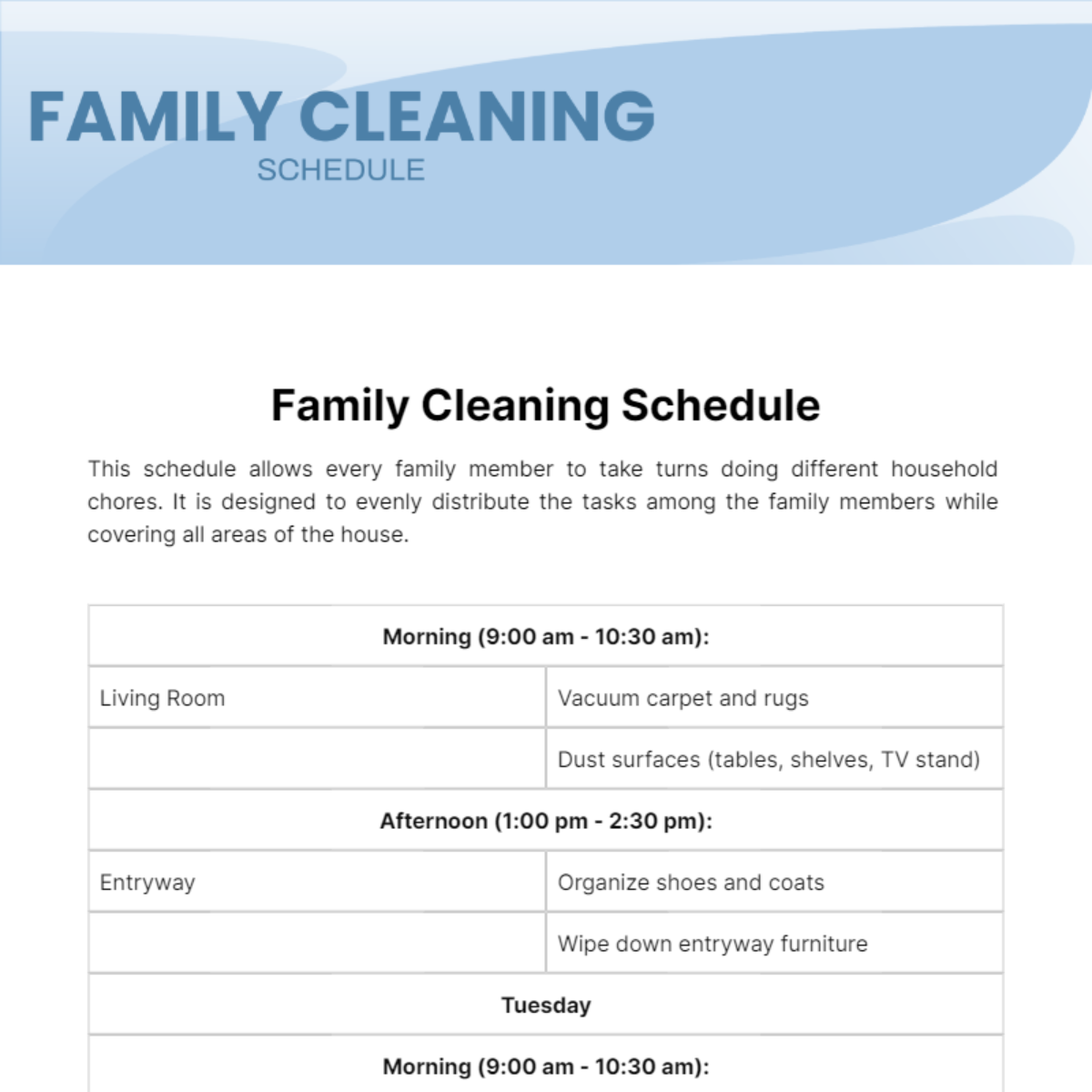 Family Cleaning Schedule Template