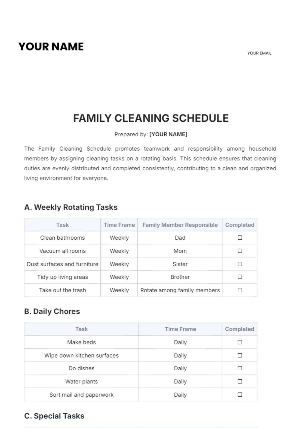 Family Cleaning Schedule Template - Edit Online & Download