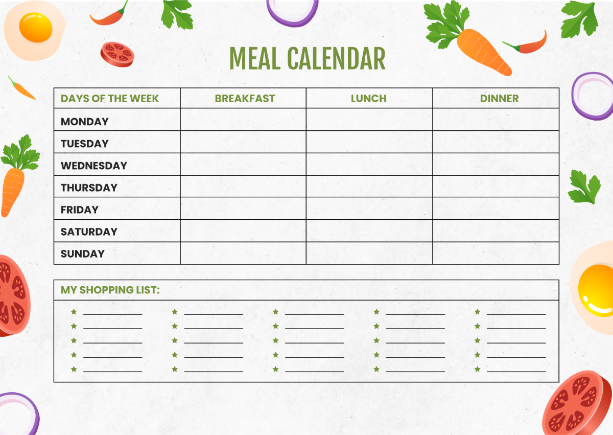 Free Meal Calendar Template