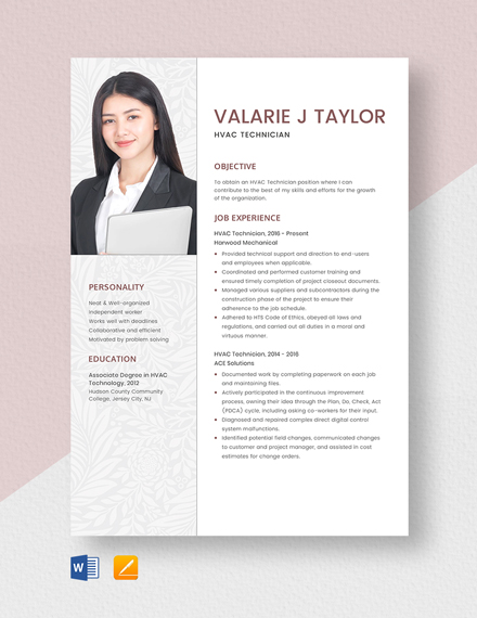 Free HVAC Technician Resume Template - Word, Apple Pages