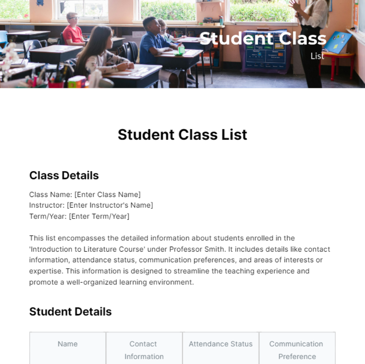 Student Class List Template