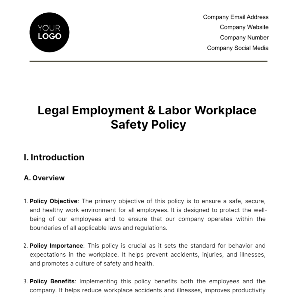 Legal Employment & Labor Workplace Safety Policy Template