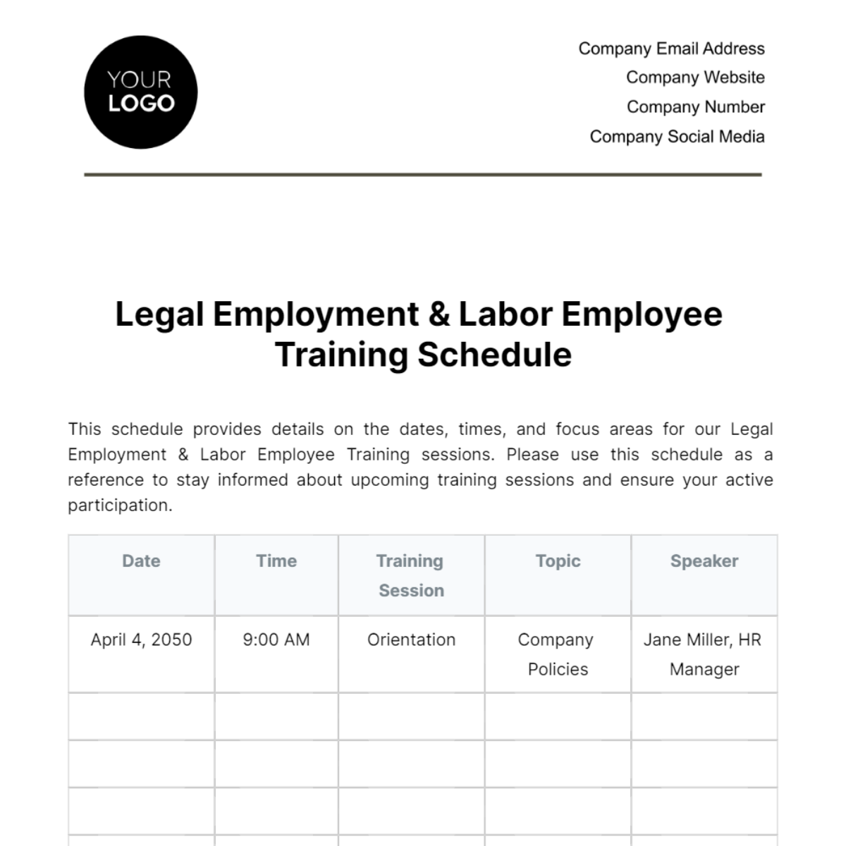 Legal Employment & Labor Employee Training Schedule Template