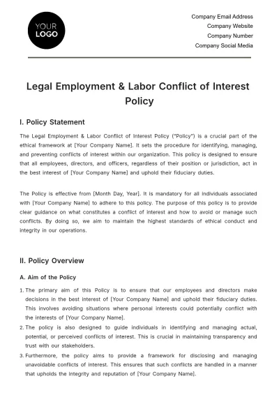 Free Legal Employment & Labor Conflict of Interest Policy Template to Edit Online