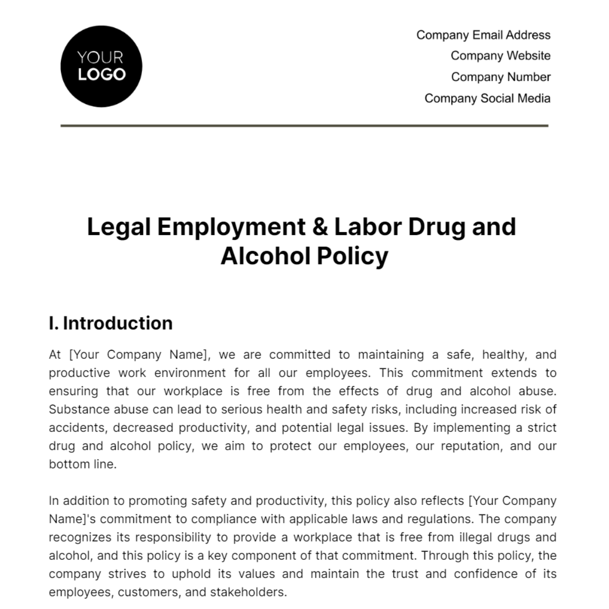 Legal Employment & Labor Drug and Alcohol Policy Template