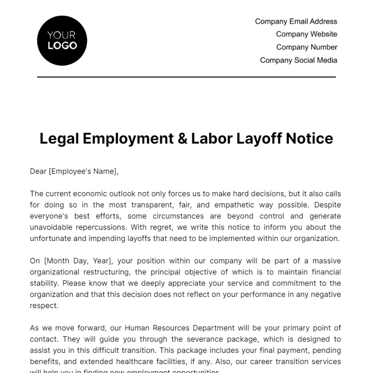 Legal Employment & Labor Layoff Notice Template