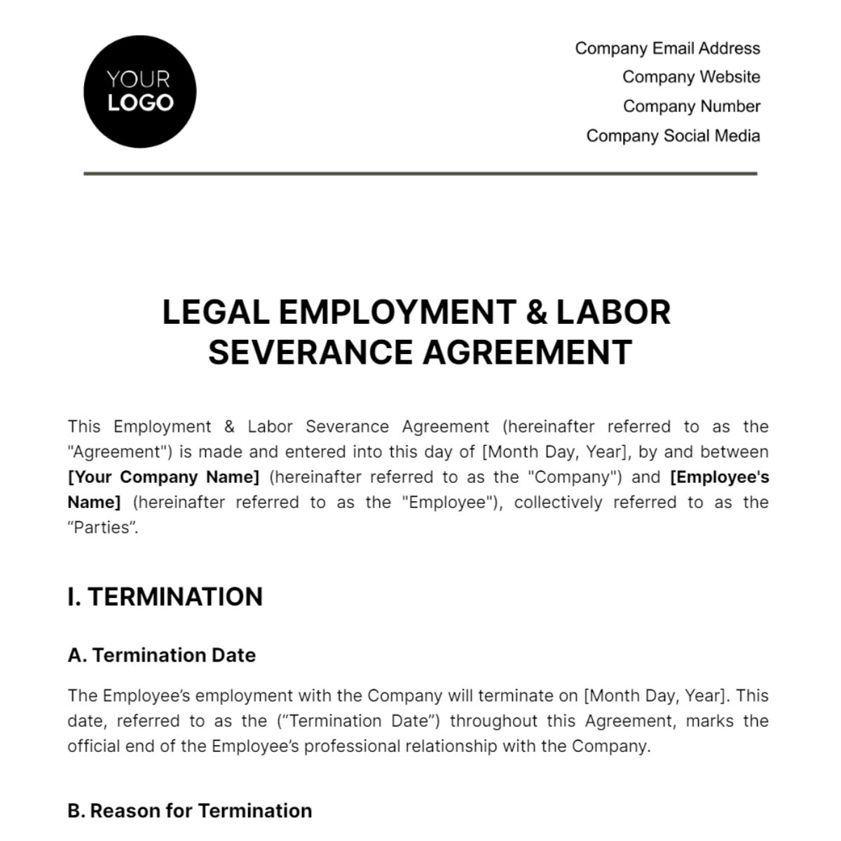 Free Legal Employment & Labor Severance Agreement Template