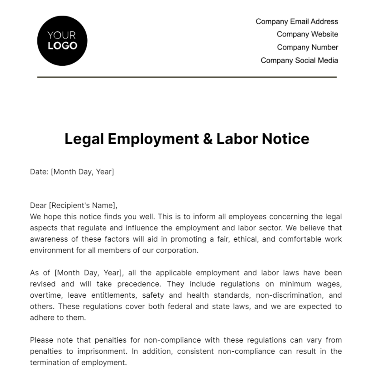 Legal Employment & Labor Notice Template