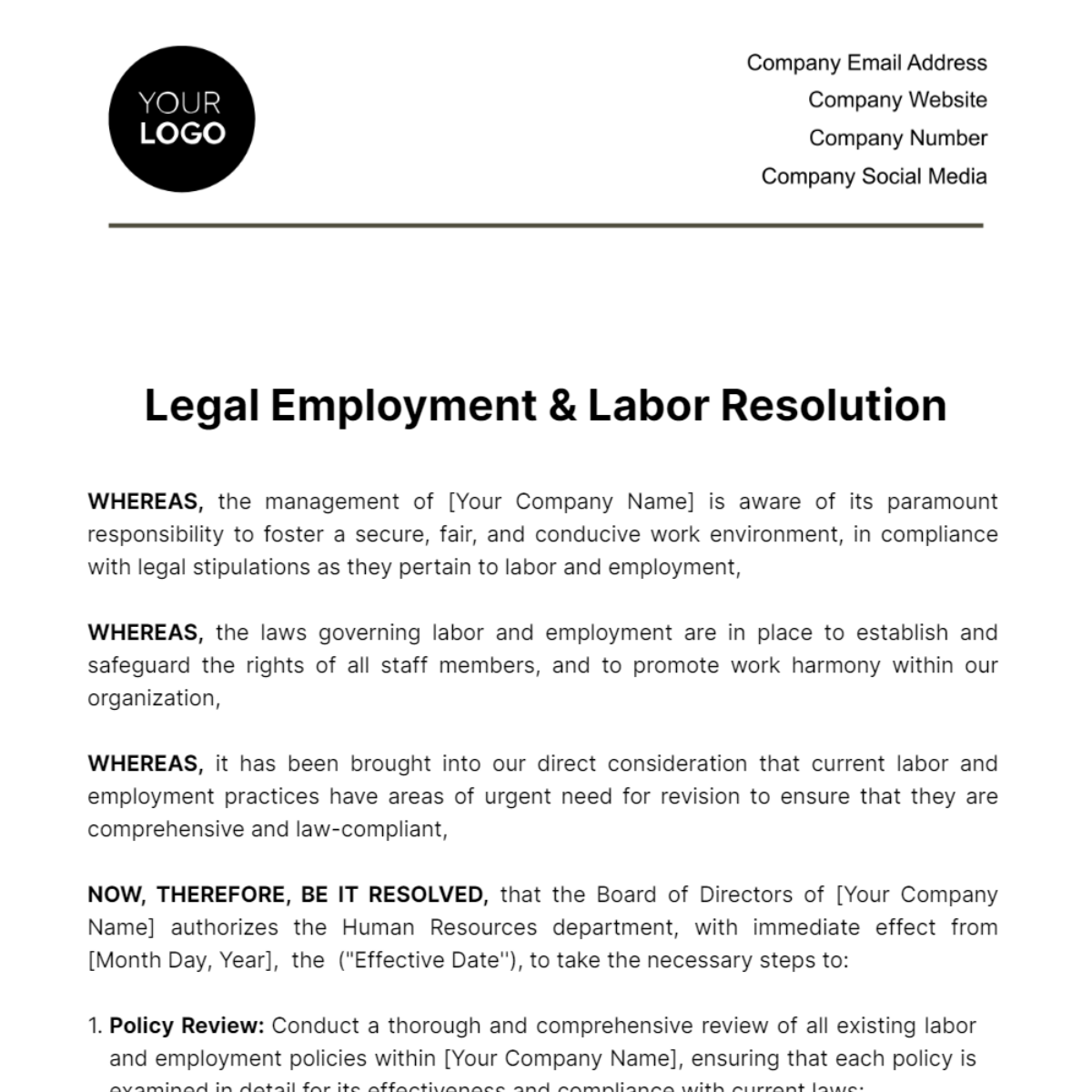 Free Legal Employment & Labor Resolution Template