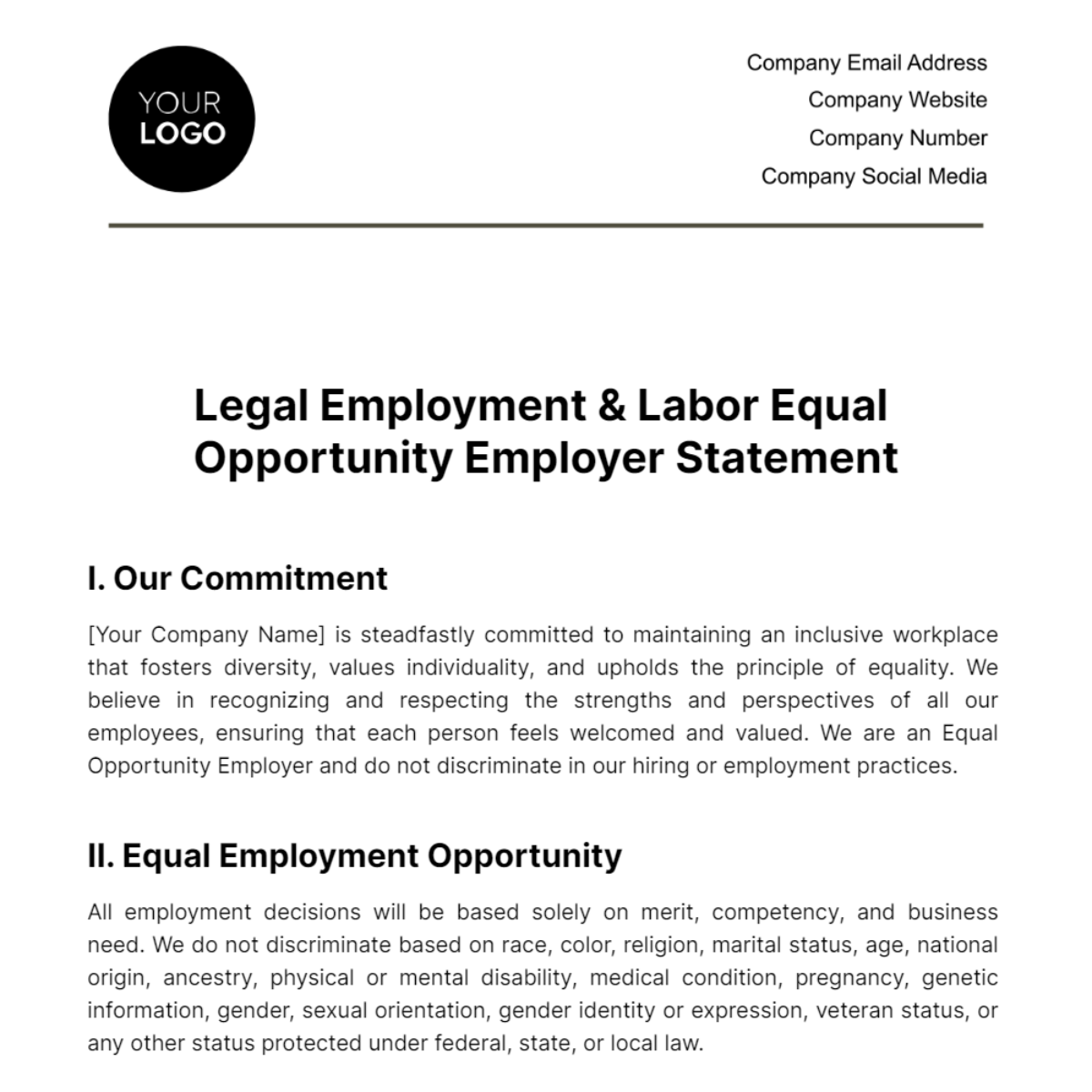 Legal Employment & Labor Equal Opportunity Employer Statement Template