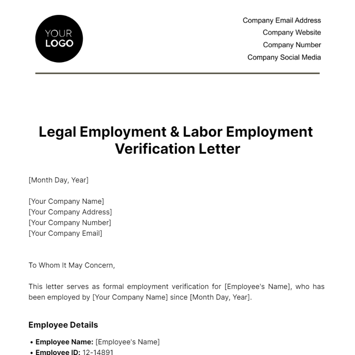 Legal Employment & Labor Employment Verification Letter Template