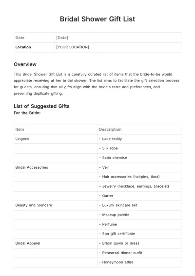 Free Bridal Shower Gift List Template to Edit Online