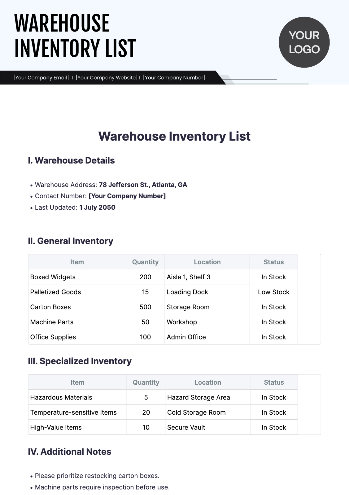 Warehouse Inventory List Template - Edit Online & Download