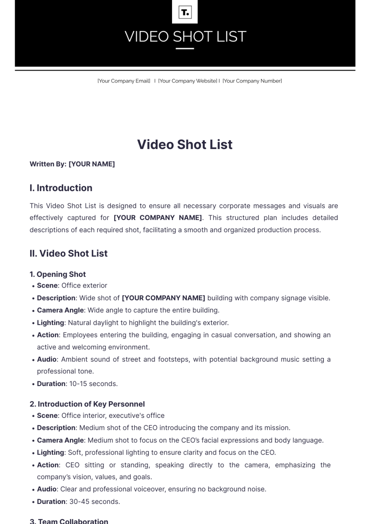 Video Shot List Template - Edit Online & Download