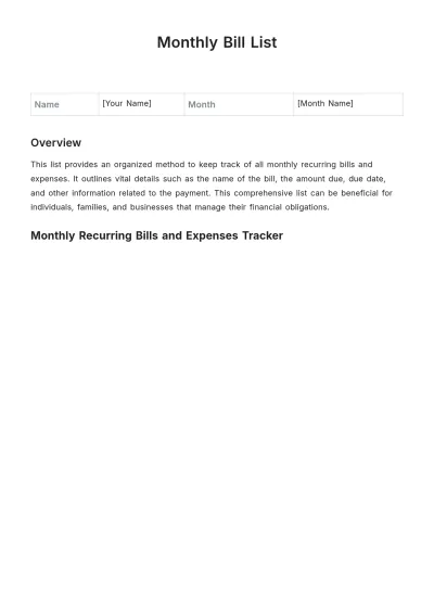 Free Monthly Bill List Template to Edit Online