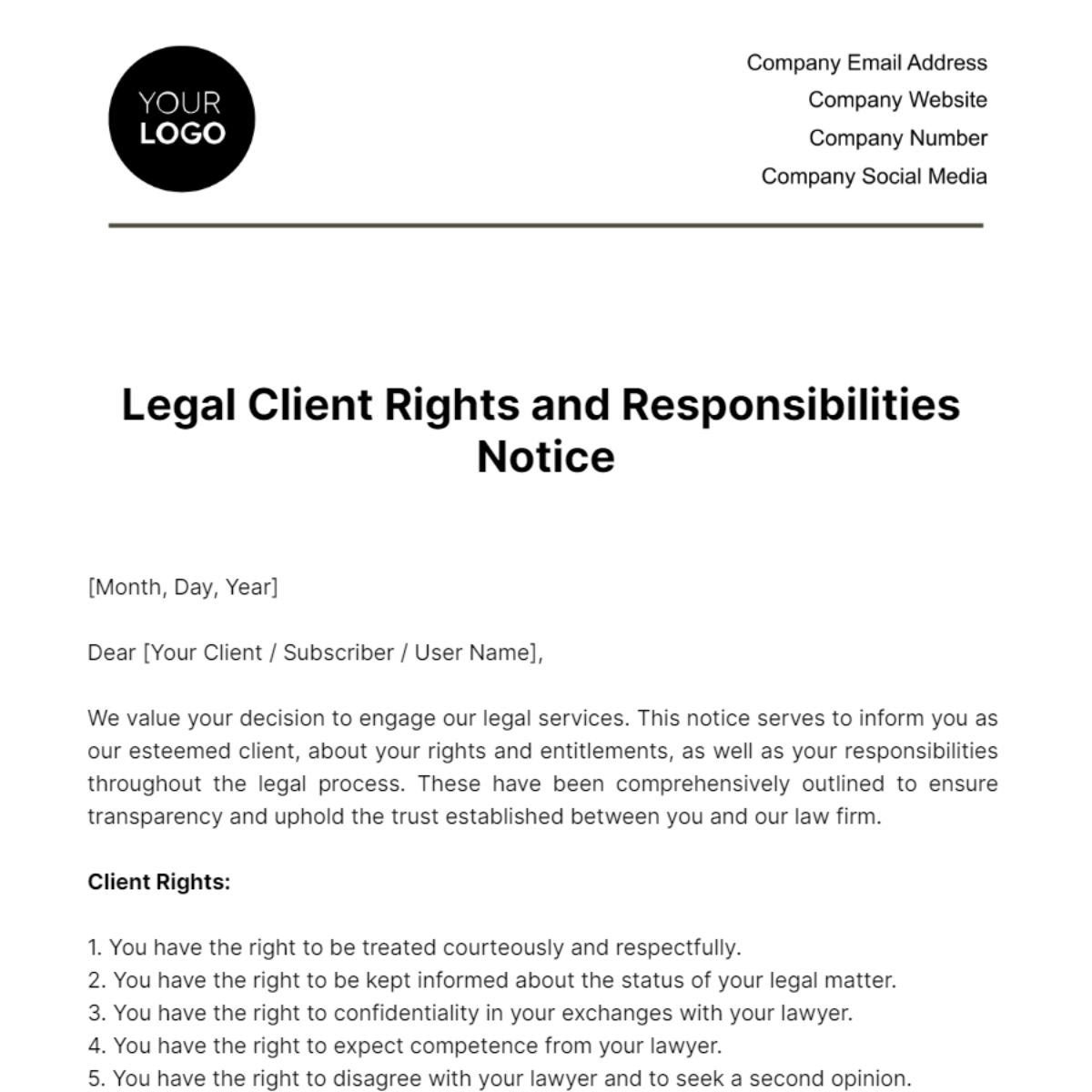 Legal Client Rights and Responsibilities Notice Template