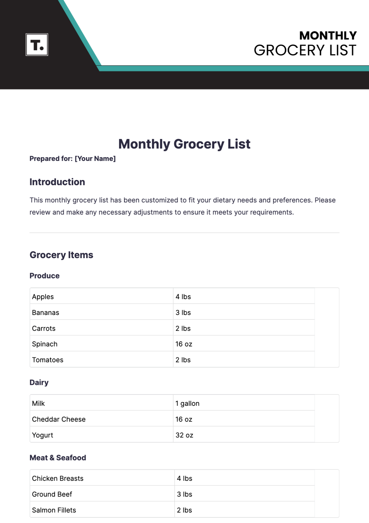 Monthly Grocery List Template - Edit Online & Download