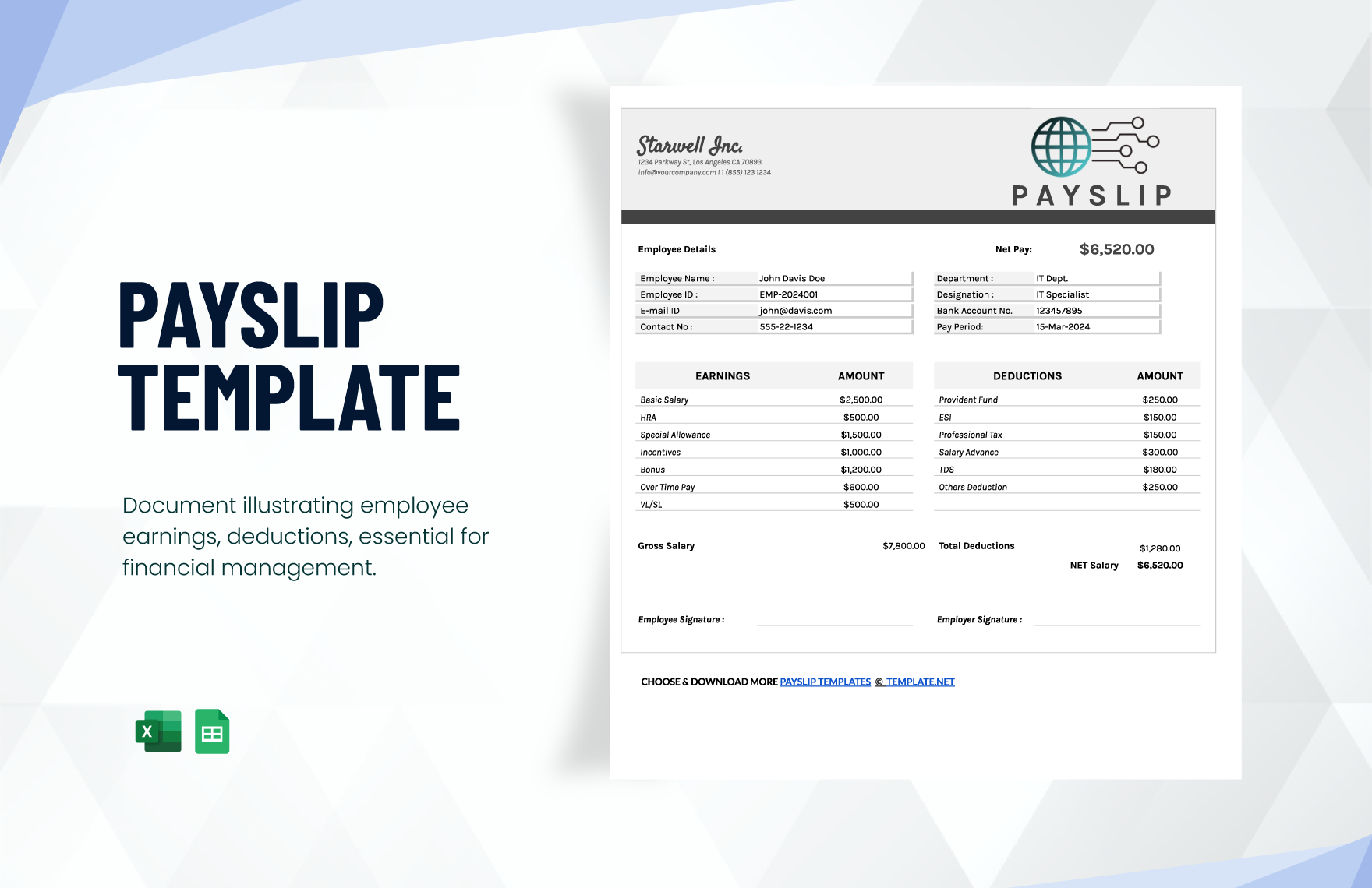 Free Payslip Template in Excel, Google Sheets