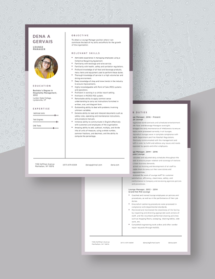 Free Lounge Manager Resume Template - Word, Apple Pages | Template.net