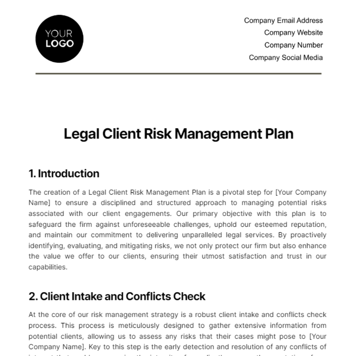 Legal Client Risk Management Plan Template
