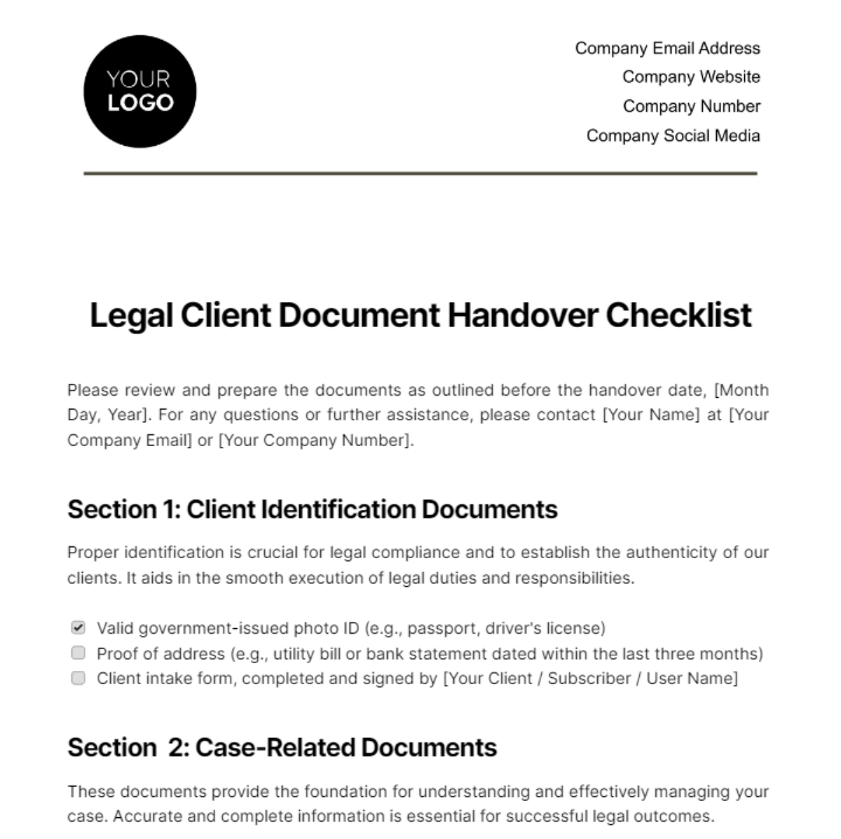 Legal Client Document Handover Checklist Template
