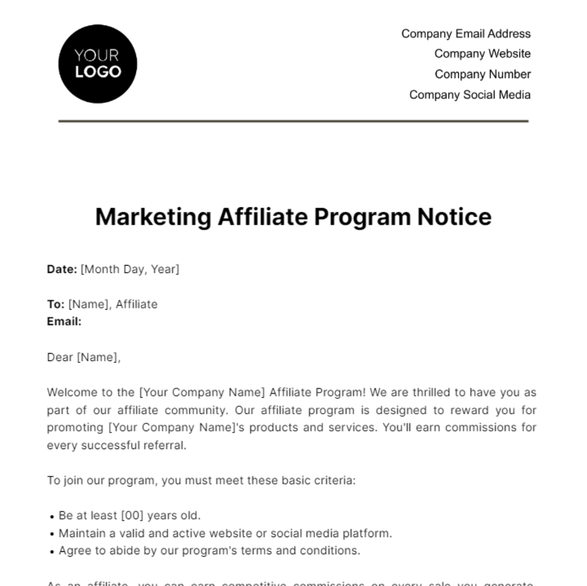 Marketing Affiliate Program Notice Template
