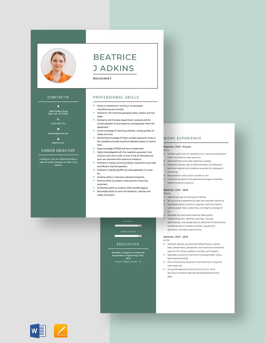Machinist Resume in Word Pages Download Template net