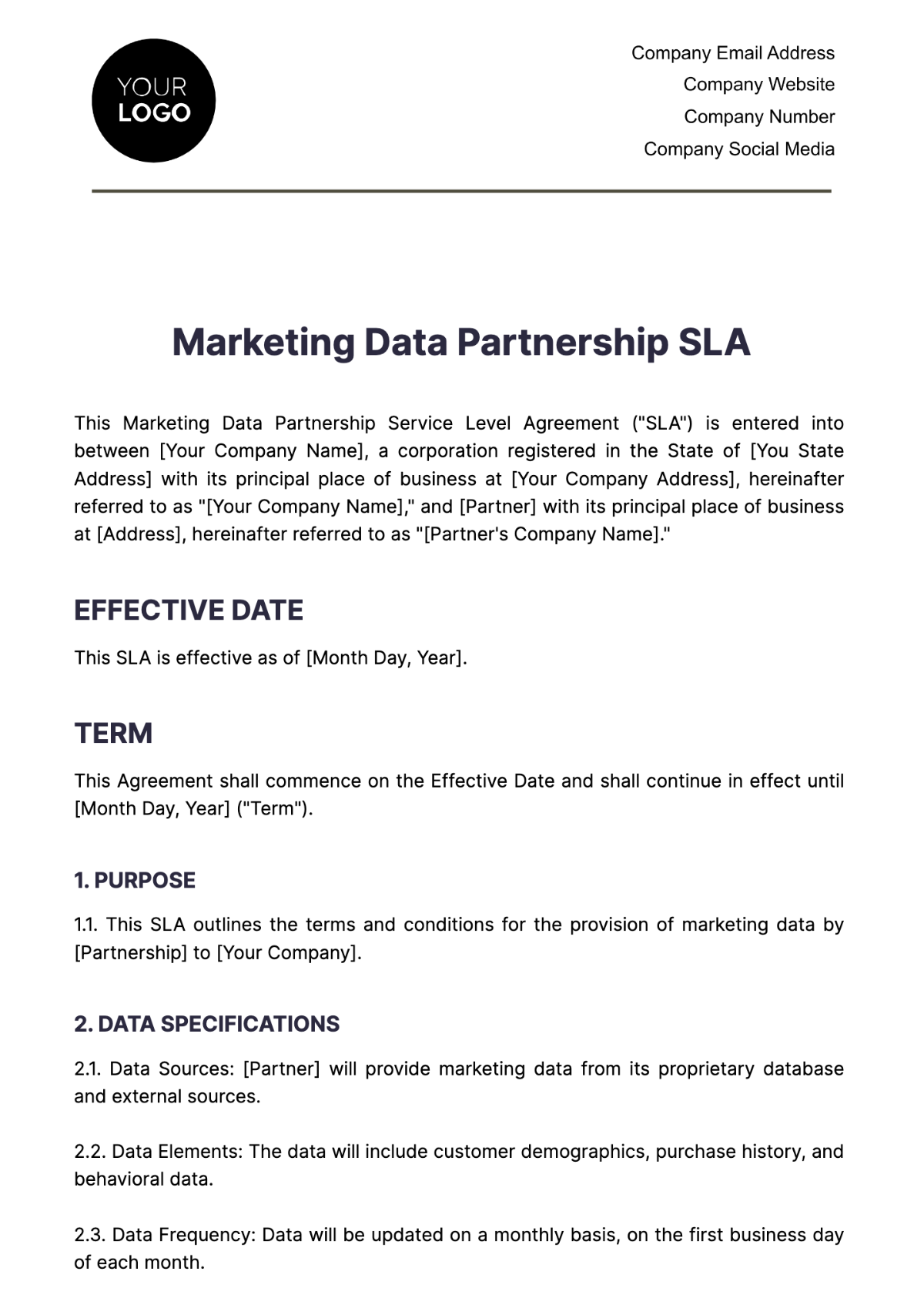 Marketing Data Partnership SLA Template - Edit Online & Download