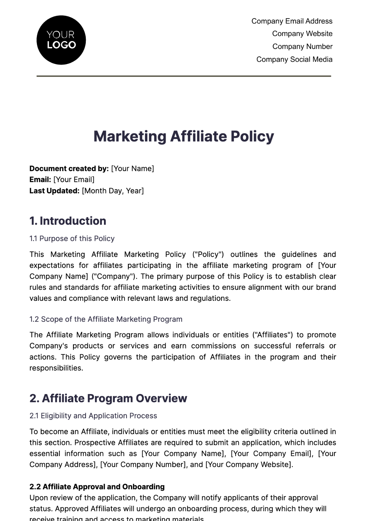 Marketing Affiliate Policy Template - Edit Online & Download