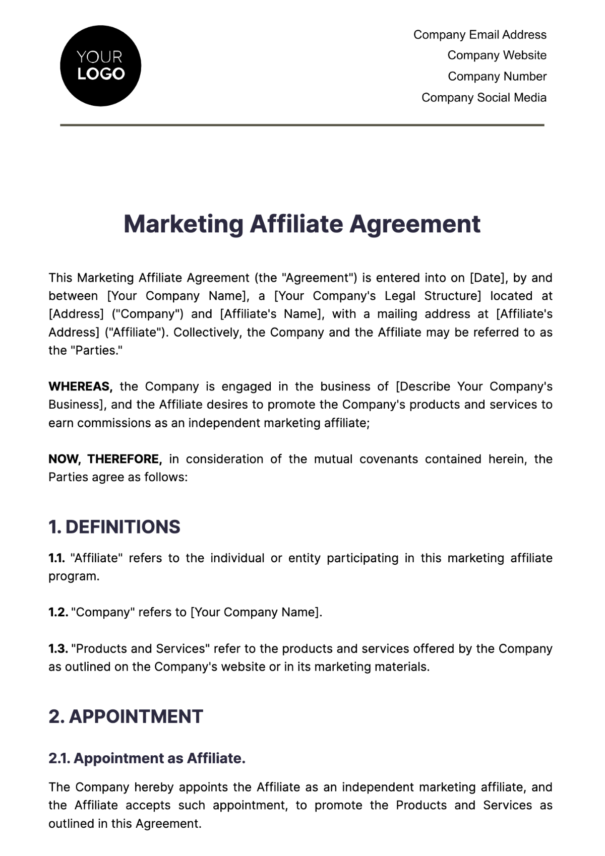 Marketing Affiliate Agreement Template - Edit Online & Download