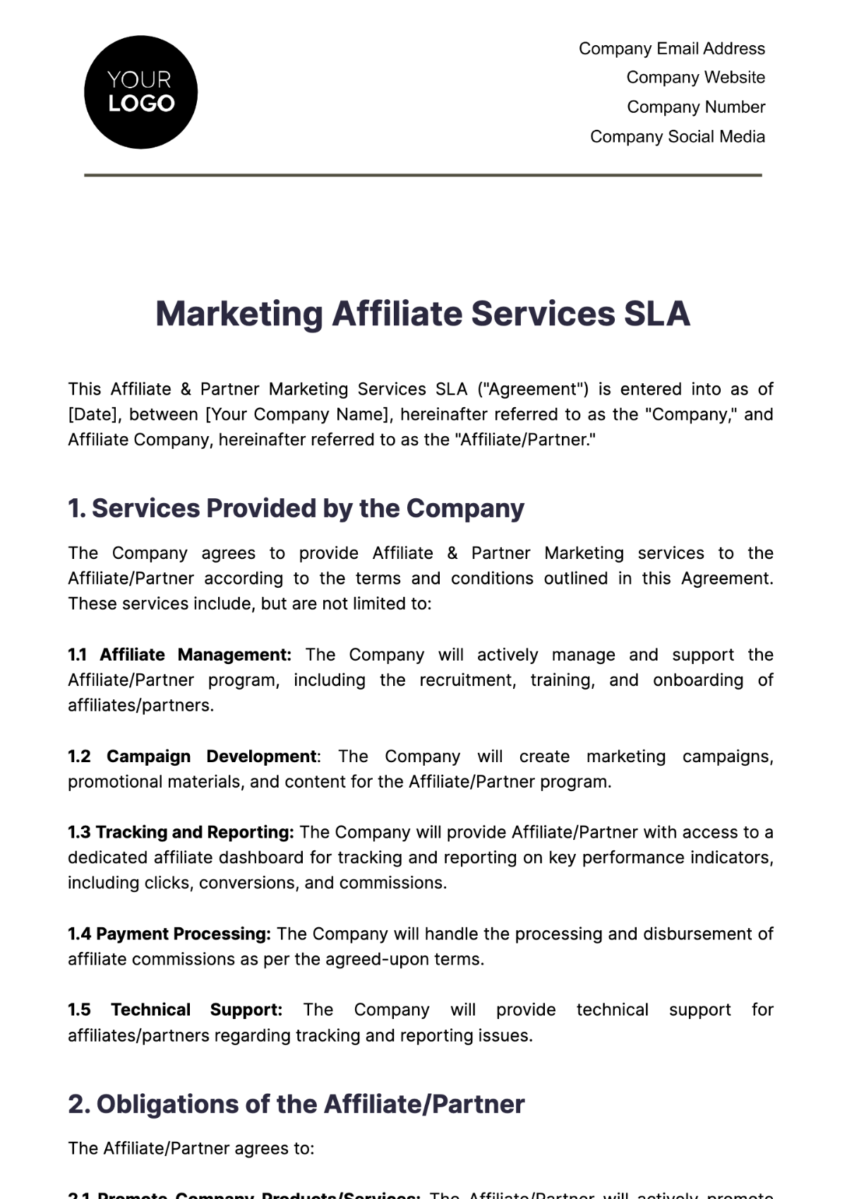 Marketing Affiliate Services SLA Template - Edit Online & Download