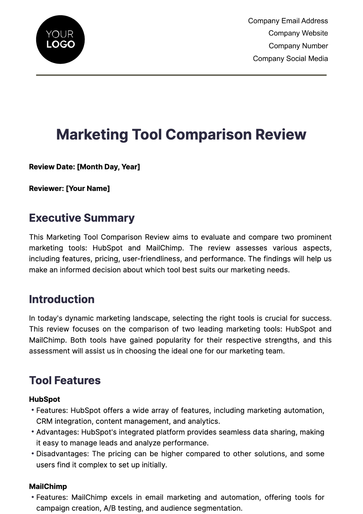 Marketing Tool Comparison Review Template - Edit Online & Download