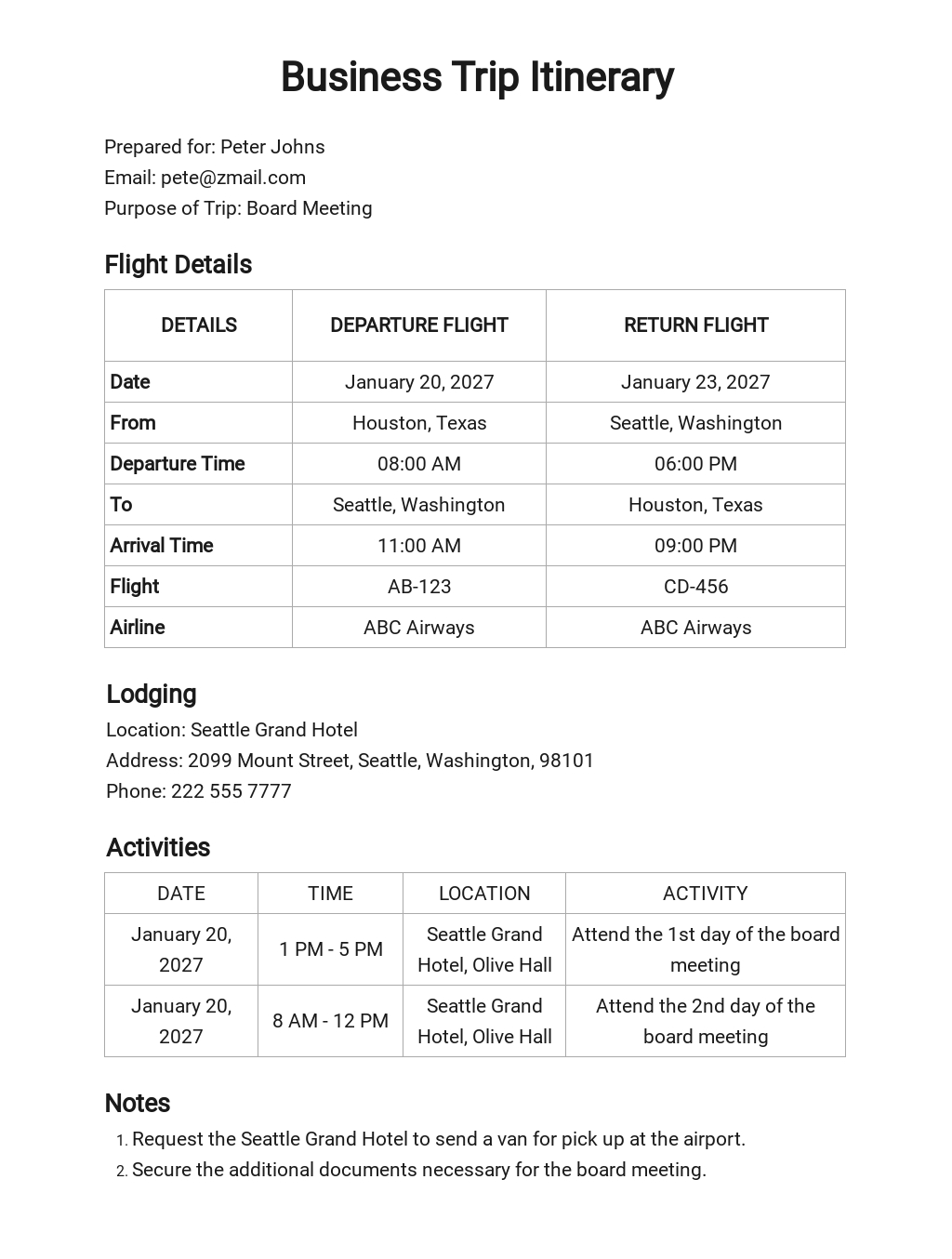 FREE Business Travel Itinerary Format Template - Word (DOC) | Excel ...