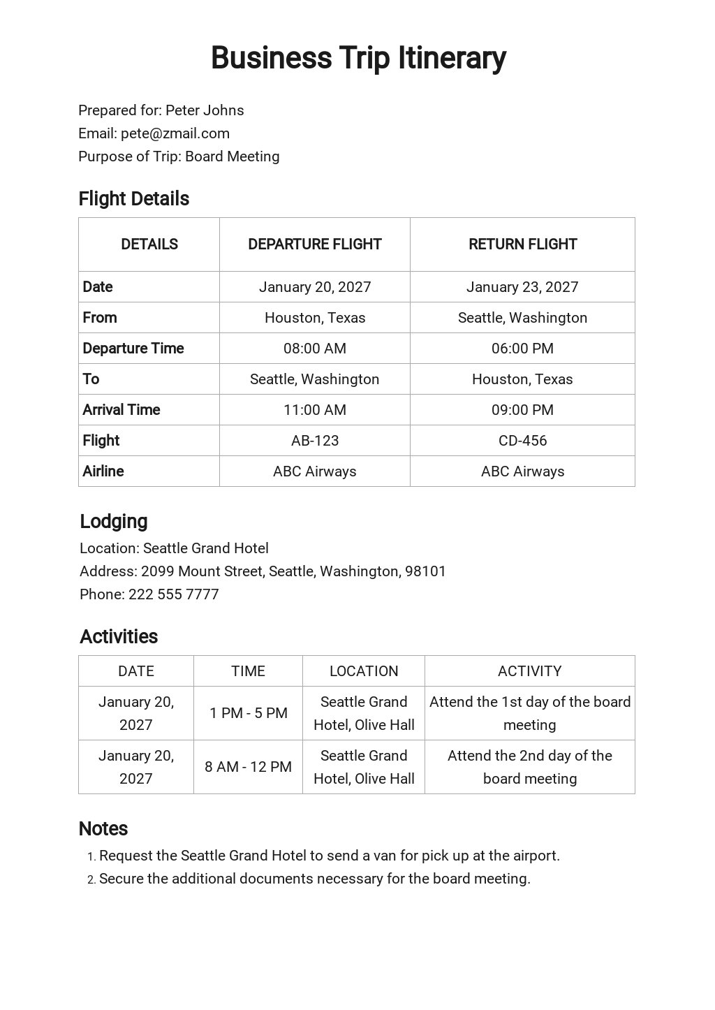 business trip itinerary