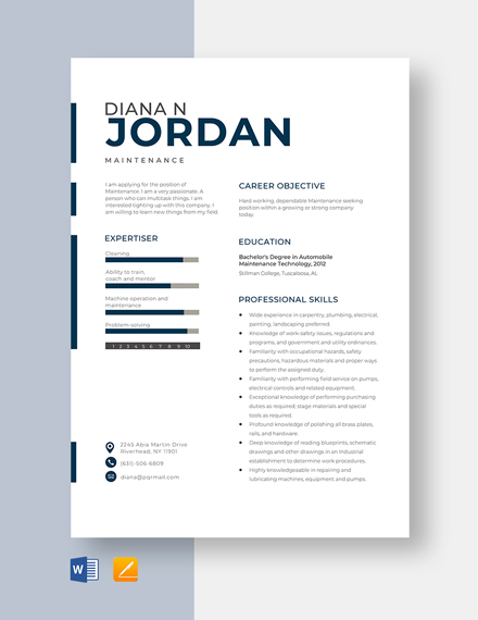 Maintenance Resume Template - Word, Apple Pages