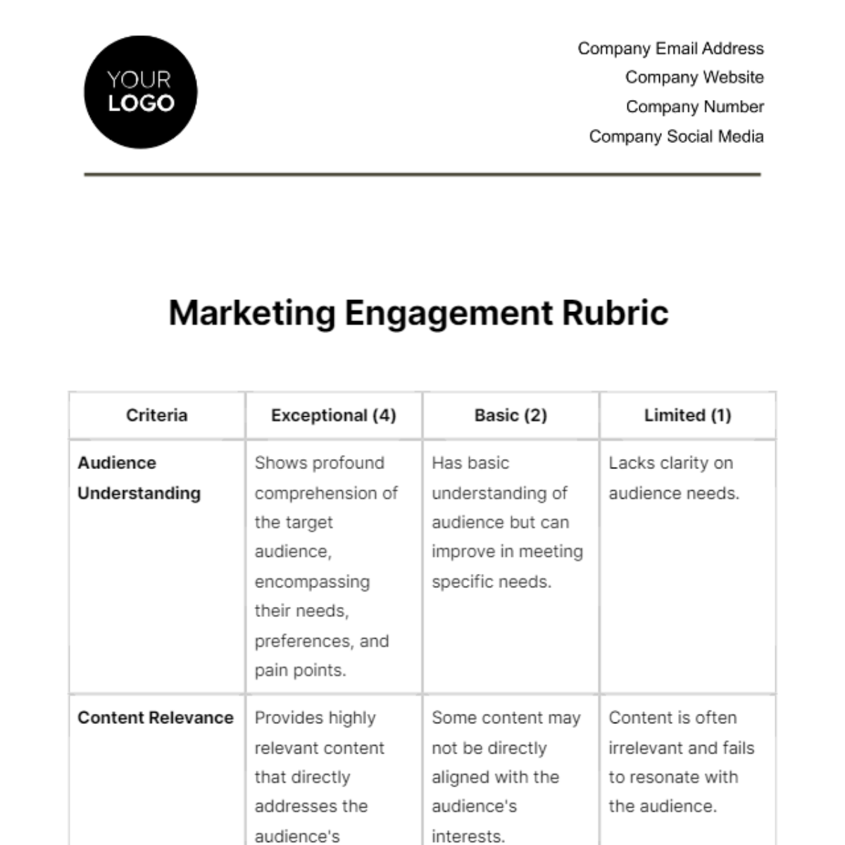 Marketing Engagement Rubric Template