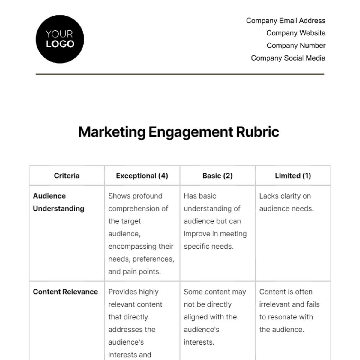 Marketing Engagement Rubric Template