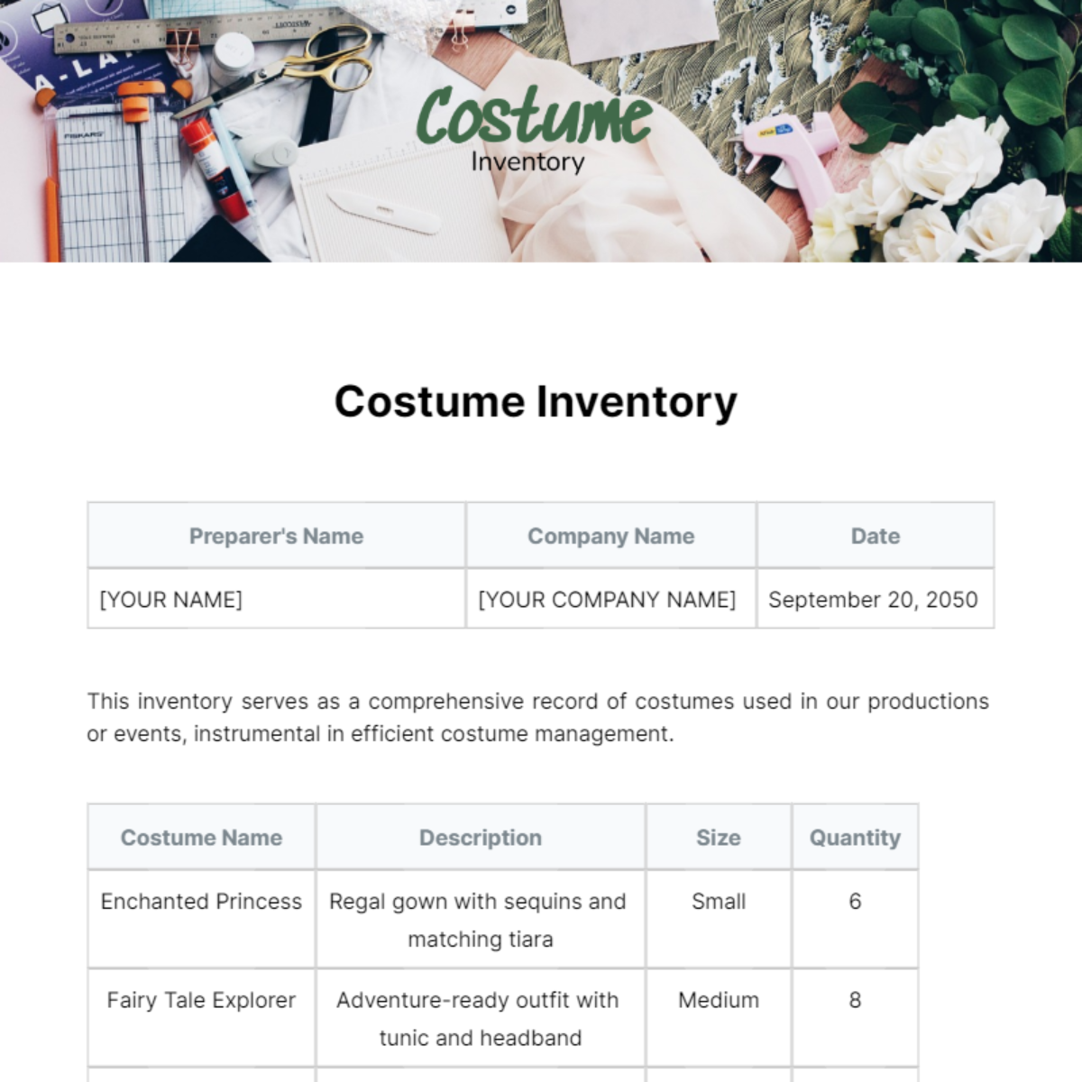 Costume Inventory Template 