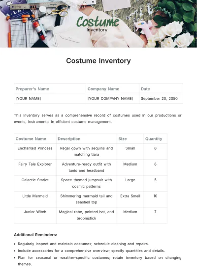 Free Costume Inventory Template to Edit Online