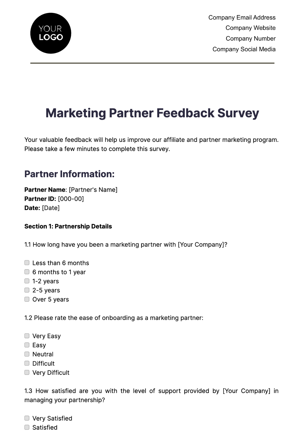 Marketing Partner Feedback Survey Template - Edit Online & Download