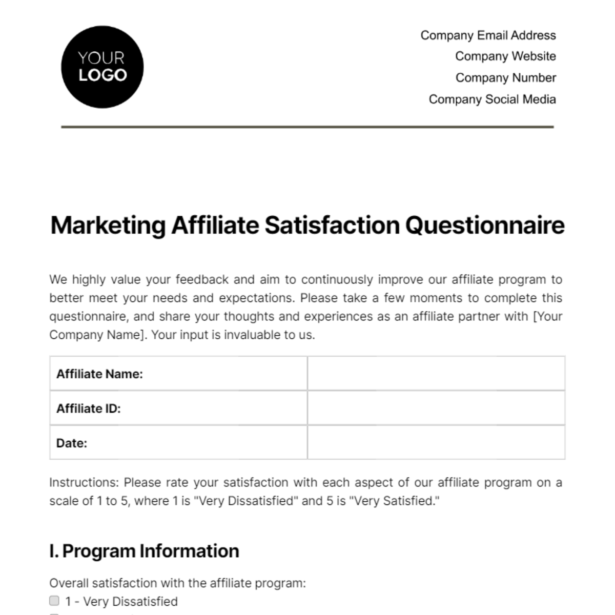 Marketing Affiliate Satisfaction Questionnaire Template