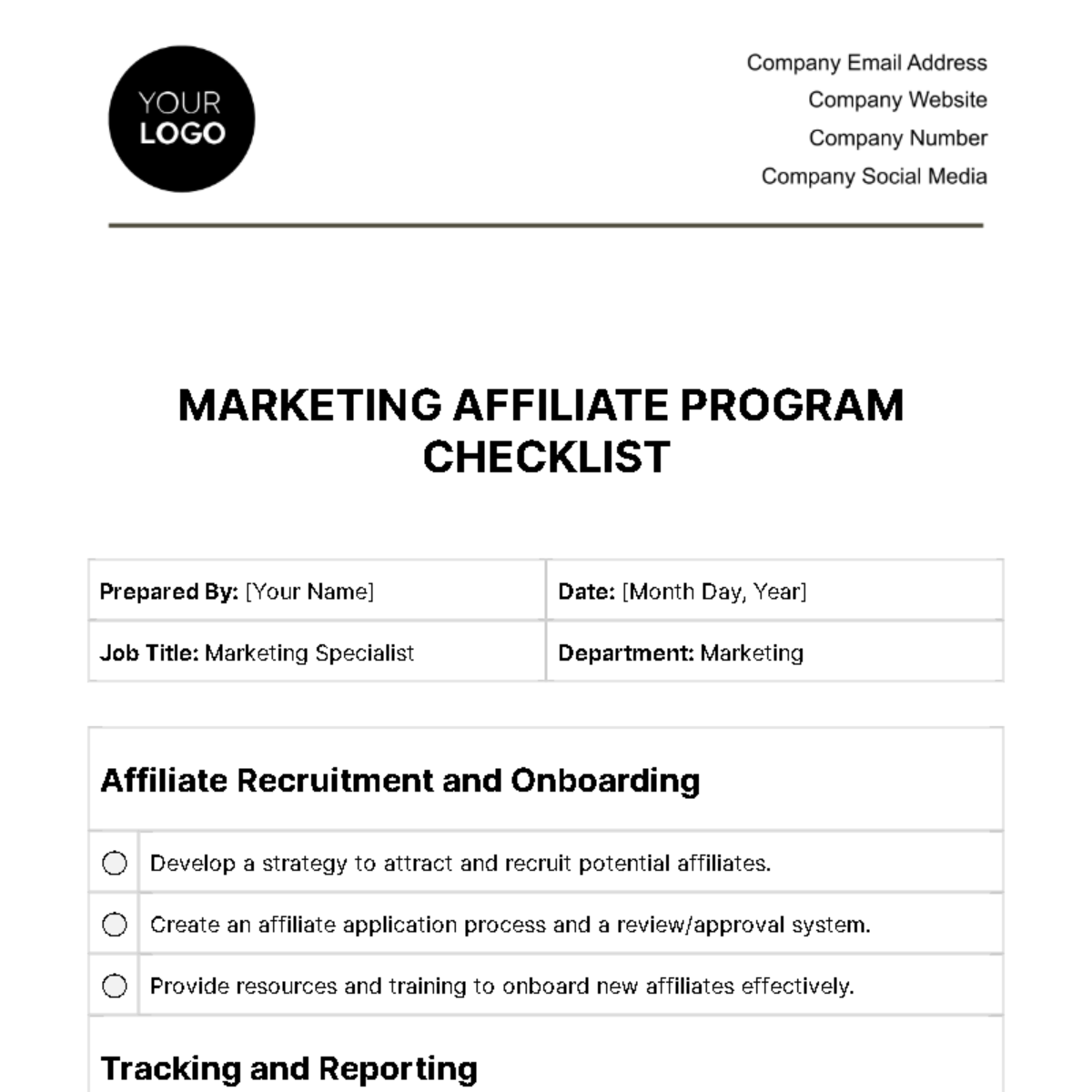 Marketing Affiliate Program Checklist Template
