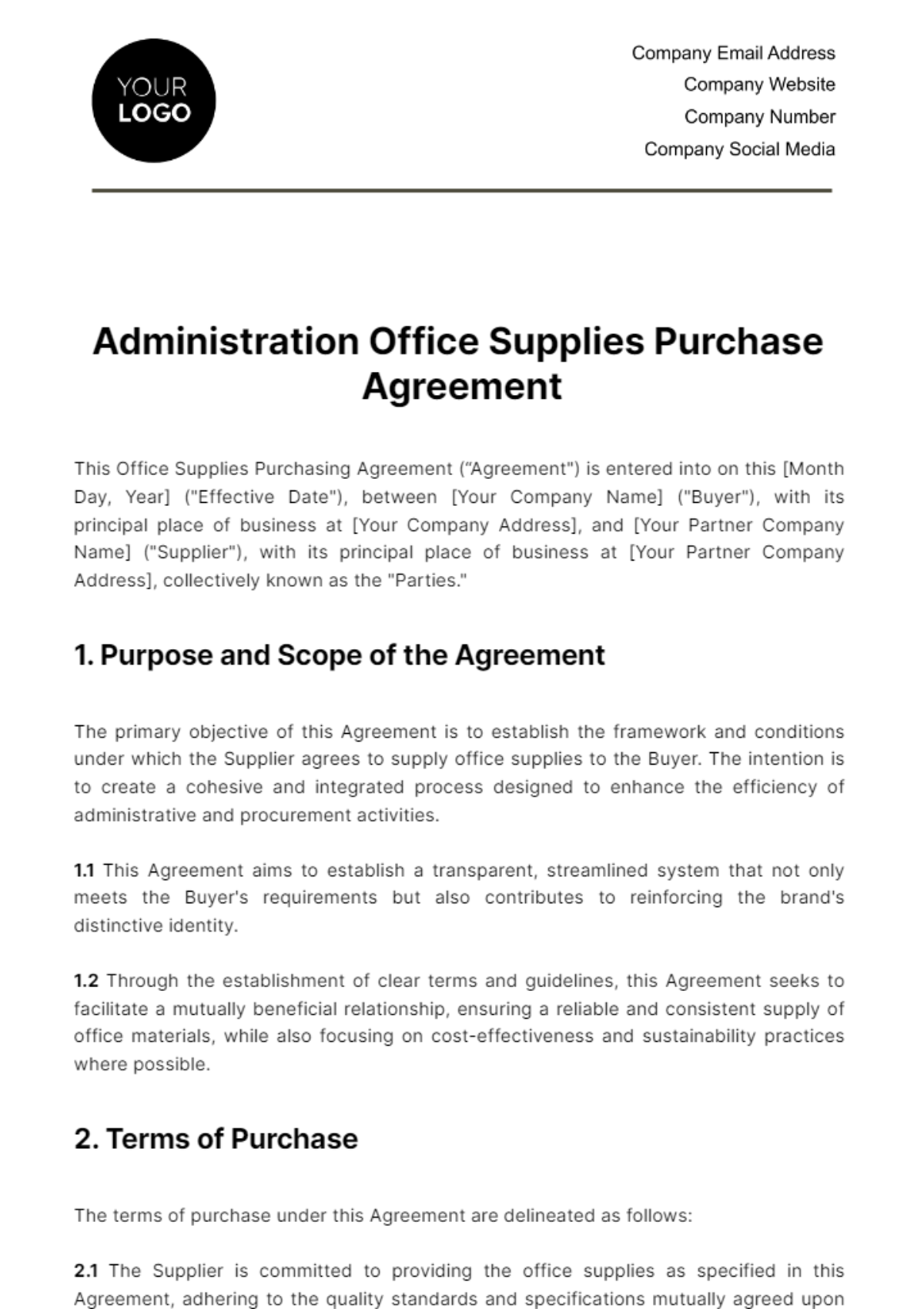 Free Administration Office Supplies Purchase Agreement Template