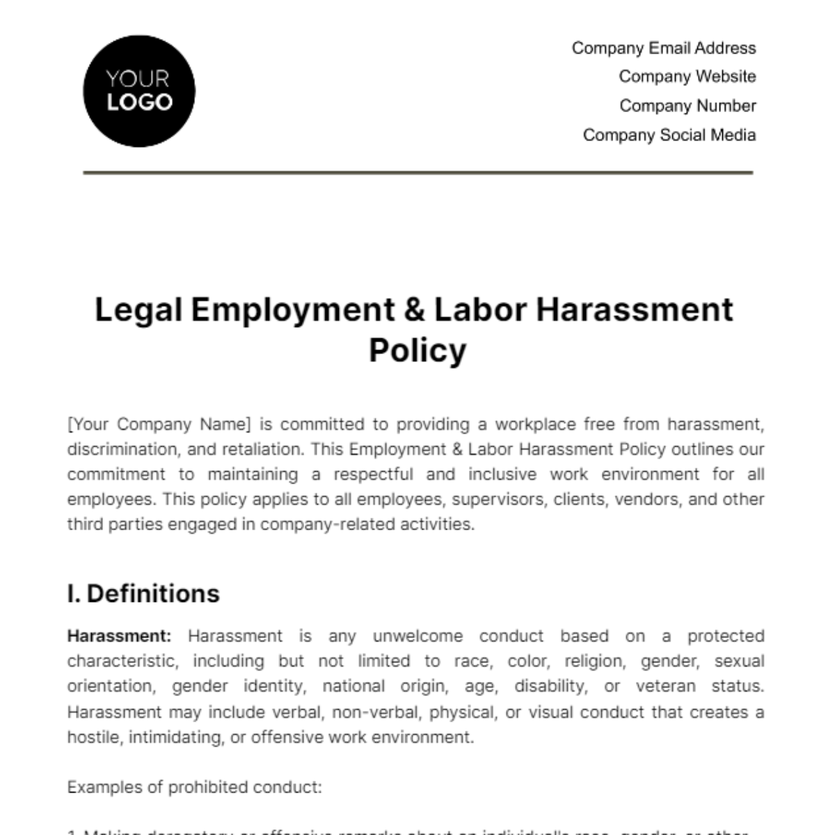 Legal Employment & Labor Harassment Policy Template