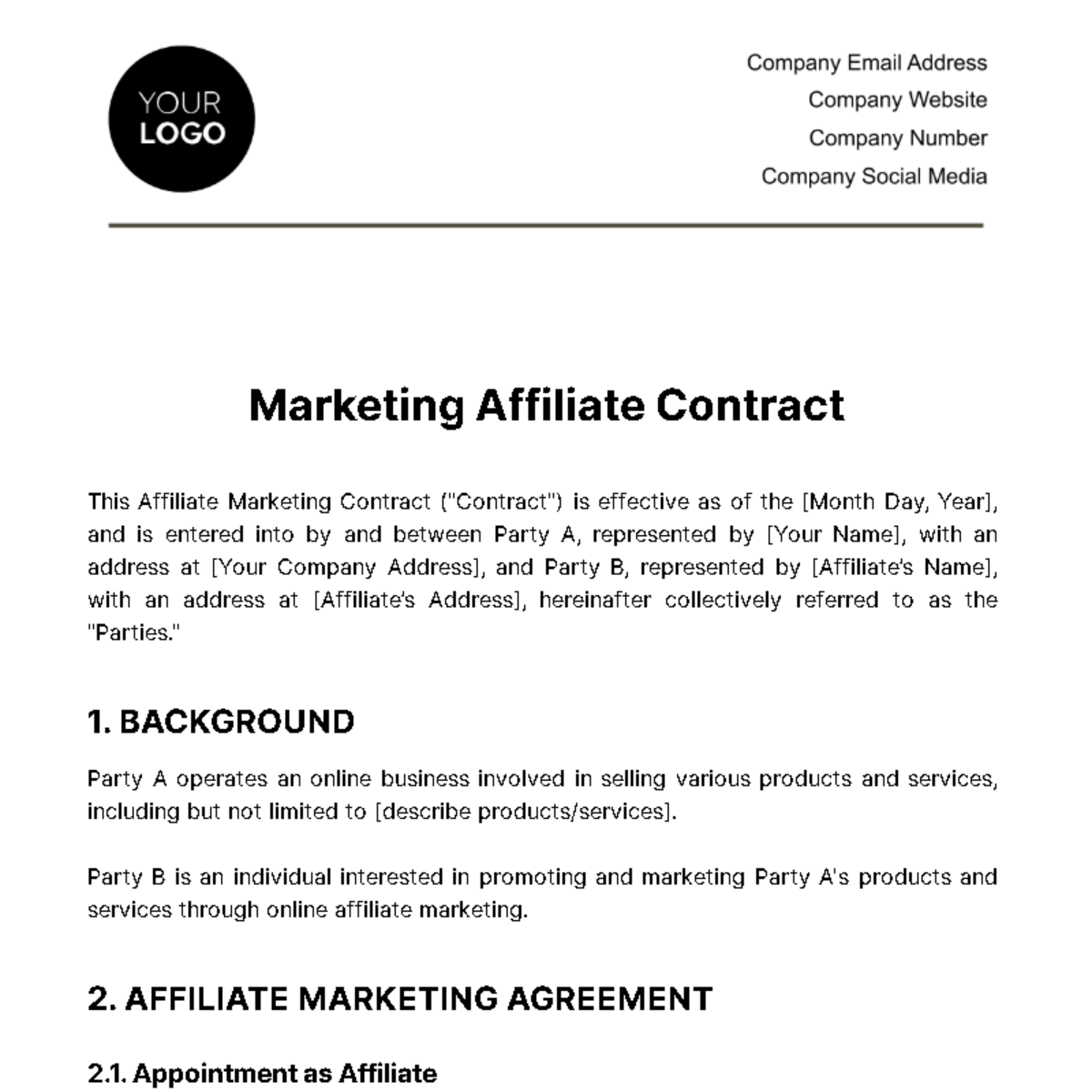Marketing Affiliate Contract Template