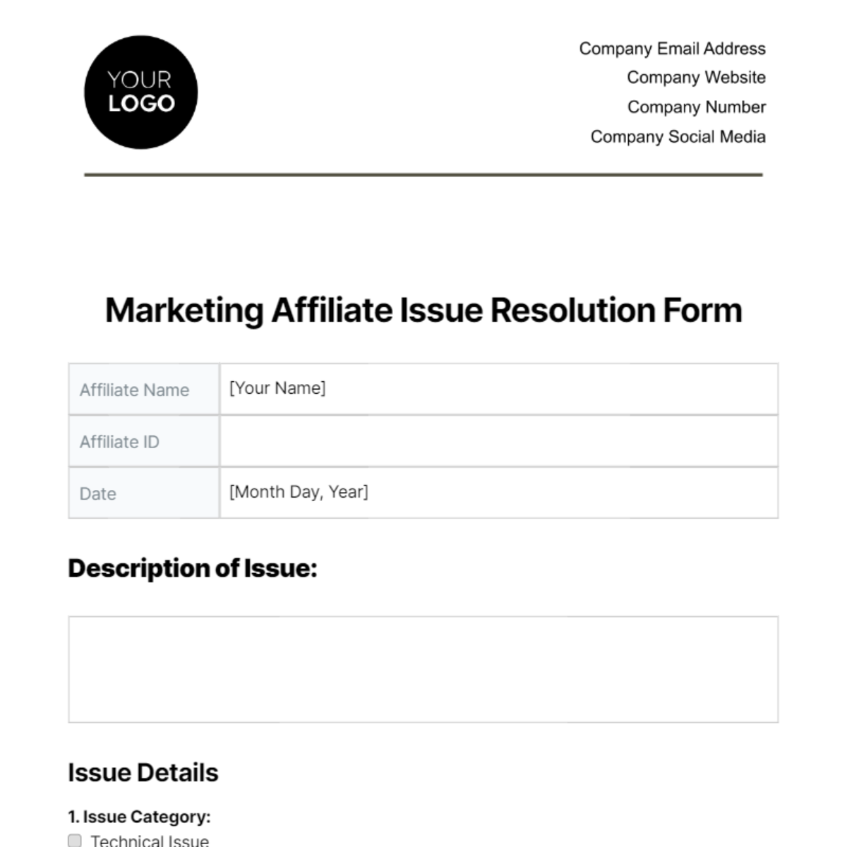 Marketing Affiliate Issue Resolution Form Template