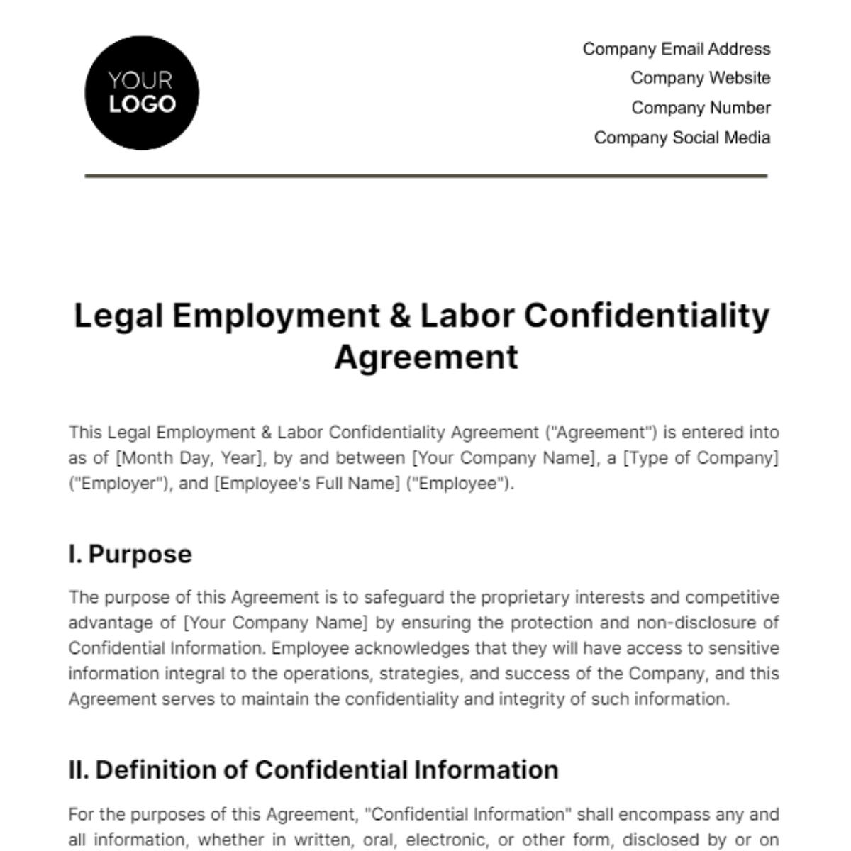 Legal Employment & Labor Confidentiality Agreement Template