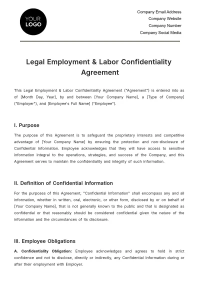 Free Legal Employment & Labor Confidentiality Agreement Template to Edit Online