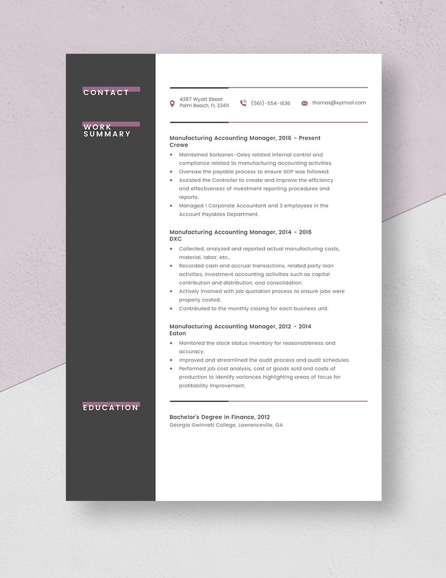 Manufacturing Accounting Manager Resume
